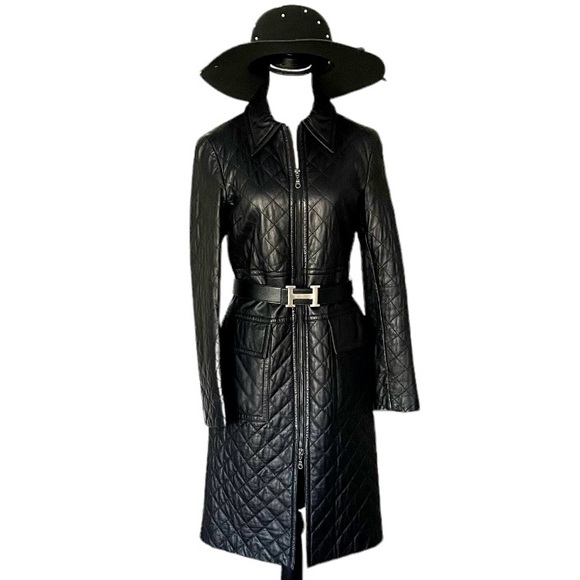 Vintage Express Quilted Leather Trench Coat Long Jacket Black